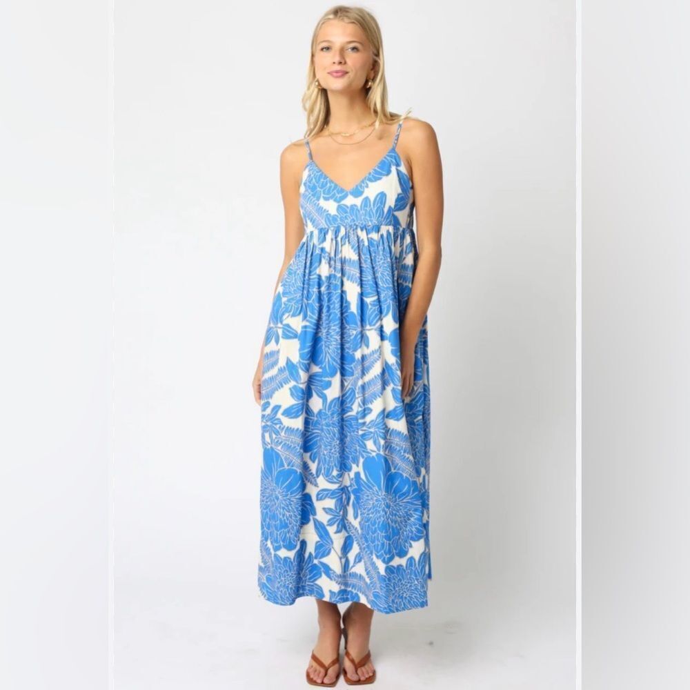 Olivaceous Blue and White Floral Midi Dress